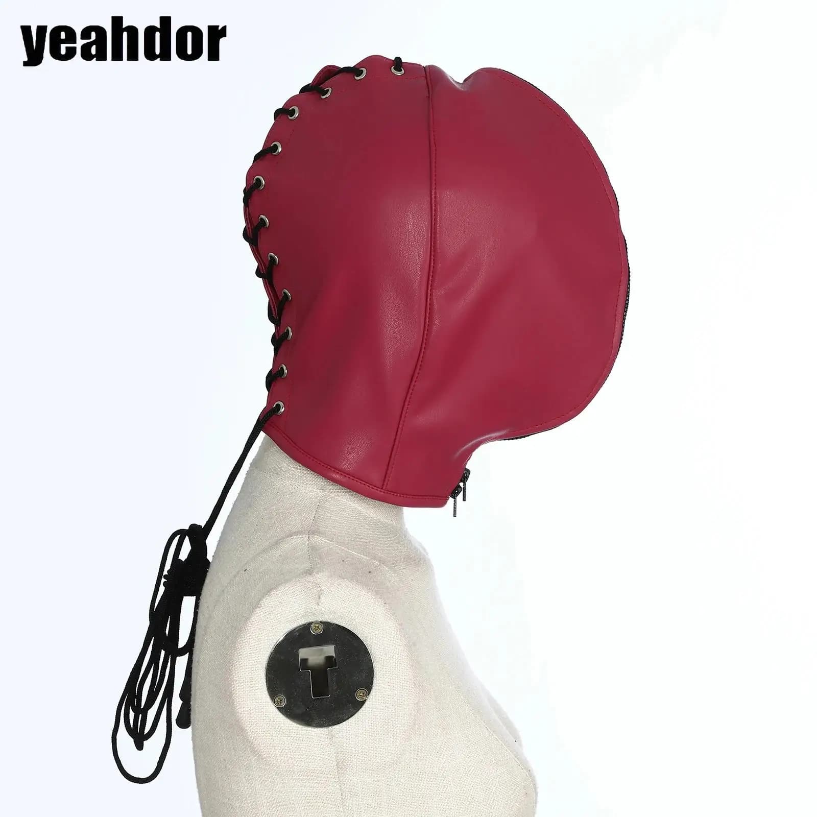 Leather Mask Full Face Cover Mask Double Layer Headgear Zip Head Hood Lace-Up Leather Masks for Halloween Couple Game Props Mask