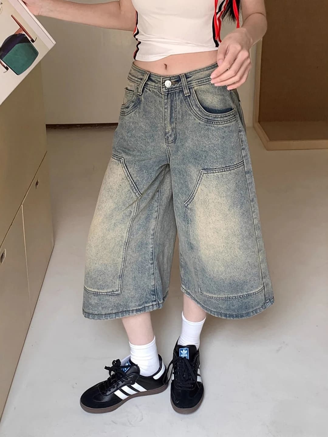High Waist Wide Leg Seven Inch Denim Shorts Women's Summer New plus Size Loose Slimming Straight Cut mid Length Pants