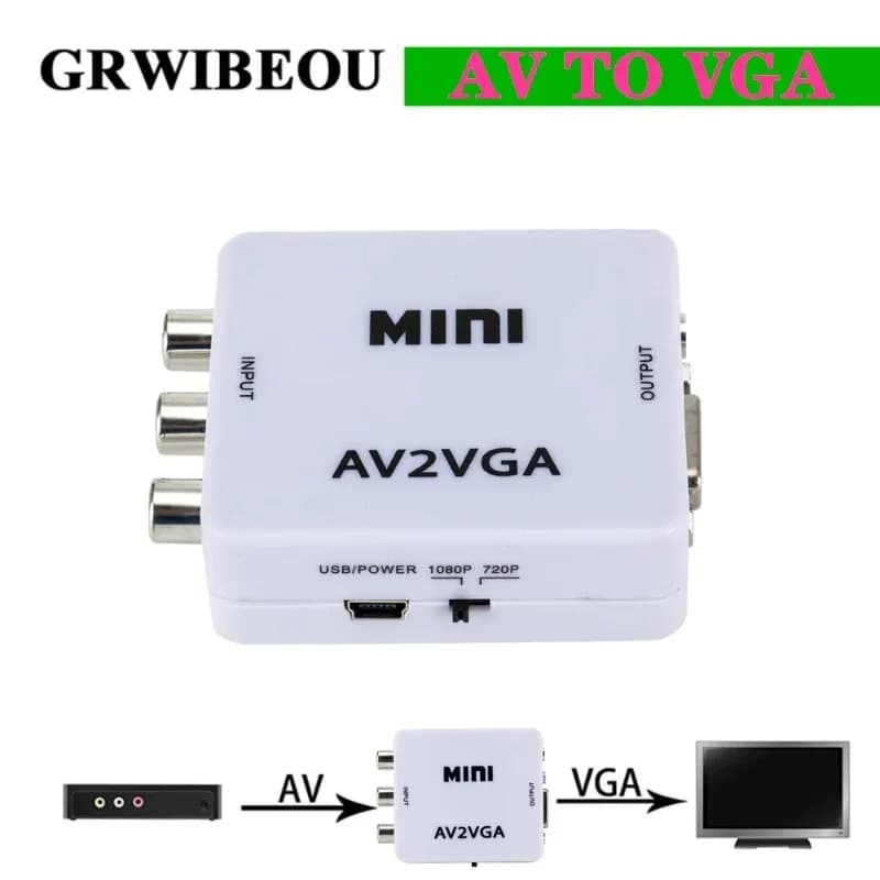 Convertitore Video HD AV2VGA GRWIBEOU, Mini Adattatore AV RCA CVBS a VGA con Uscita Audio 3.5mm per PC e HDTV