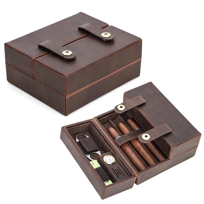 Nuovo Humidor Portatile in Vera Pelle per Sigari, Custodia da Viaggio con 7 Tubi, Igrometro Integrato, Umidificatore e Chiusura Magnetica