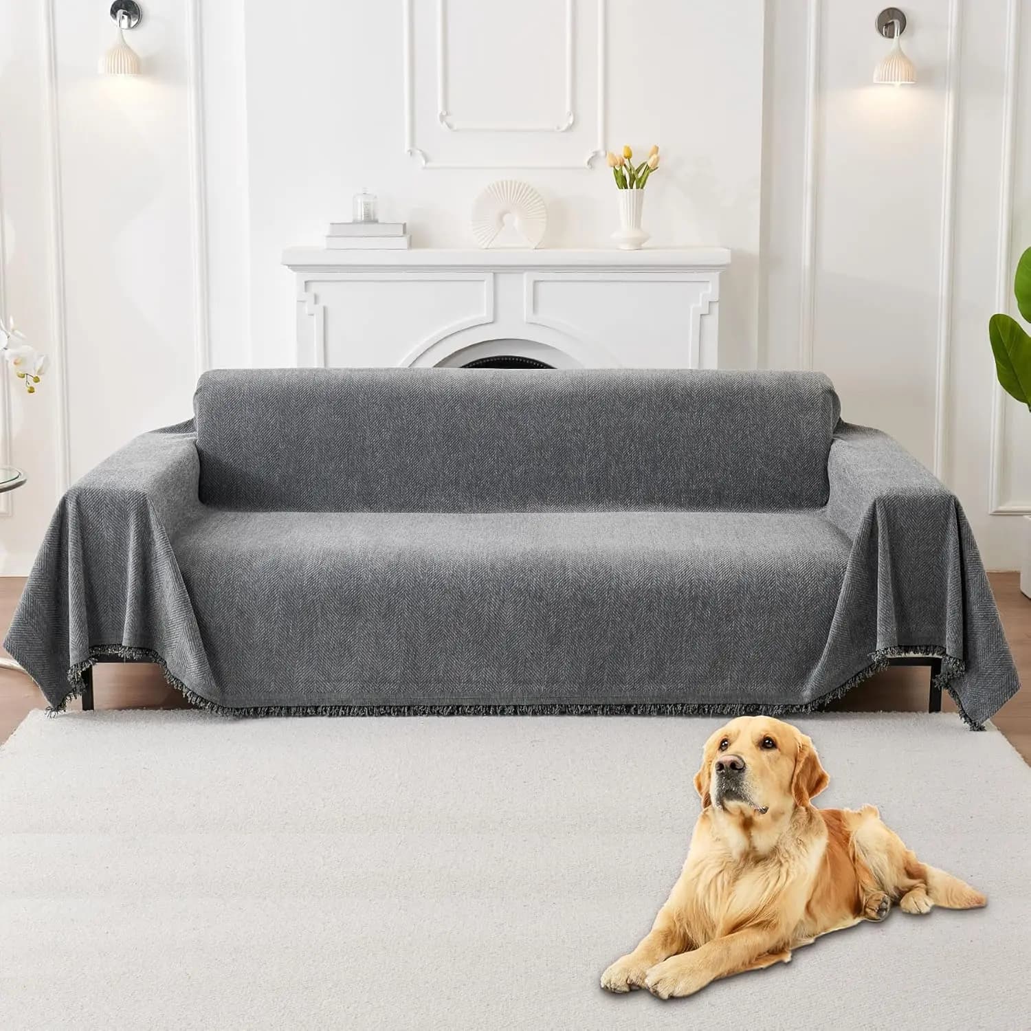 Anti-slip cover 3 cushion sofa washable, Furniture protection Grey Household (231x340 cm)