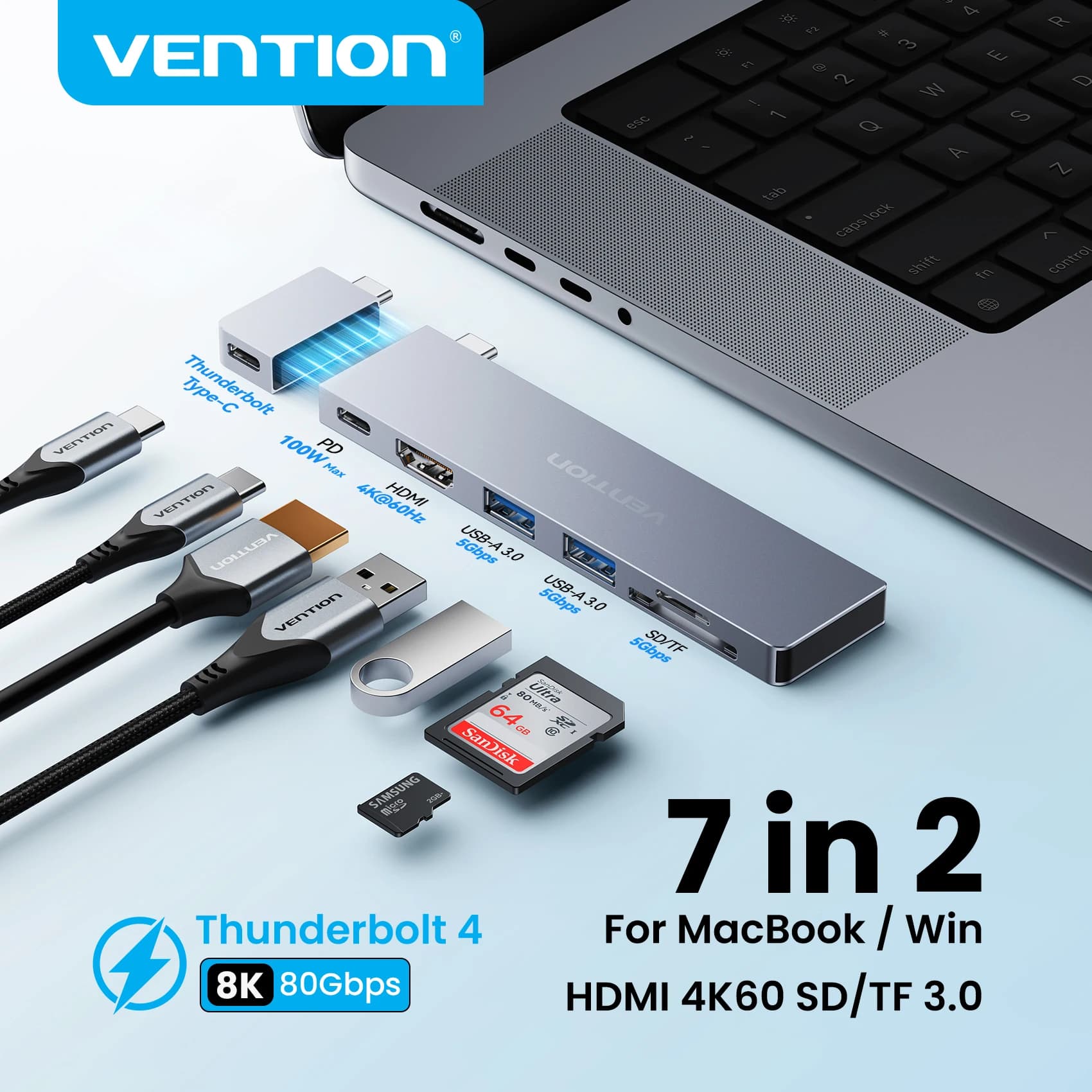 Hub USB C 7 in 2 Vention Thunderbolt 4 80Gbps 8K per MacBook Pro Air USB 3.0 SD TF HDMI 4K60Hz Dock Station Splitter per Windows