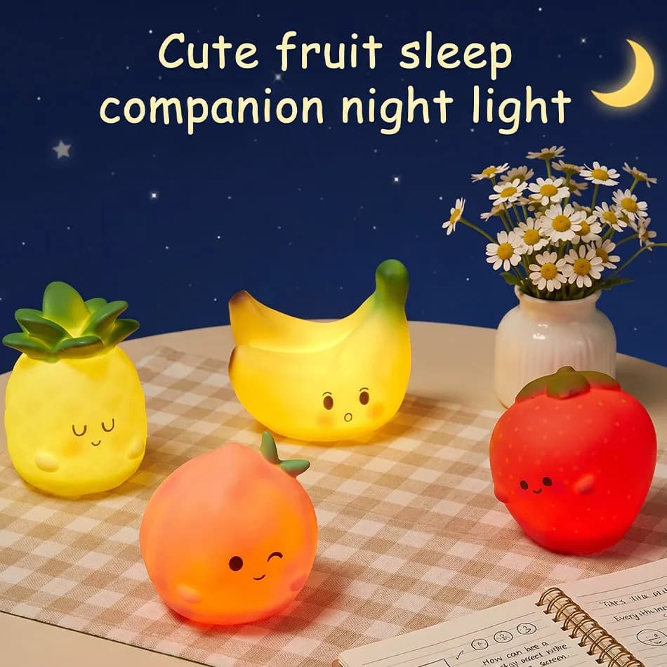 Kawaii Fruit Shaped Decor Figurine LED Silicone Night Lamp Peach Banana Strawberry Pineapple Cute Mini Tabletop Ornament Figure