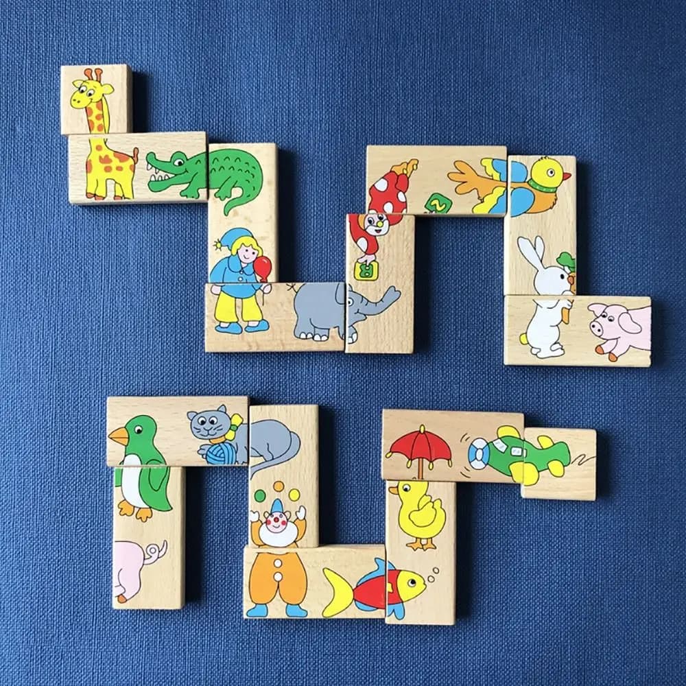 Set di Domino Creativi con Motivi Cartoon, 15/28 Pezzi, Puzzle in Legno Multicolore, Gioco Educativo per Bambini