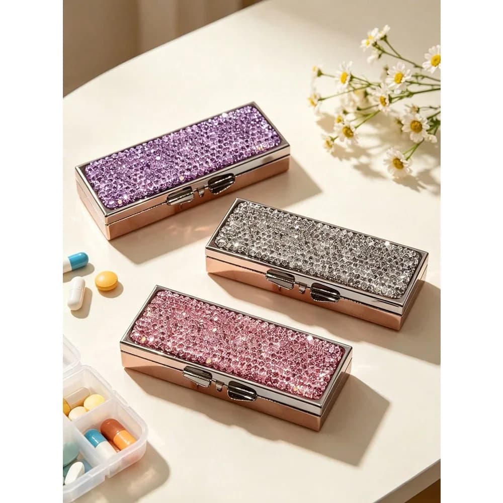 Sparkling Rhinestone Pillbox,Portable Rhinestone Medicine Box,Vitamin Pill Compartment,Daily Travel Portable Pill Box,Suitable For Vitamins,Supplements, Other Small Itemsl,Must - Have Medical Accessory,For Daily/Outdoor/Travel,Essential For Health - Consc