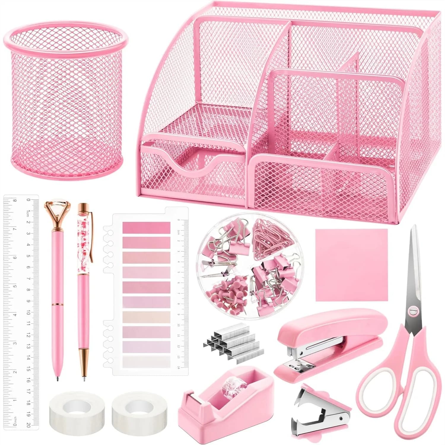 Set di 11 articoli per ufficio rosa con organizer da scrivania in rete, cucitrice, dispenser per nastro adesivo e altro ancora per casa, scuola e ufficio
