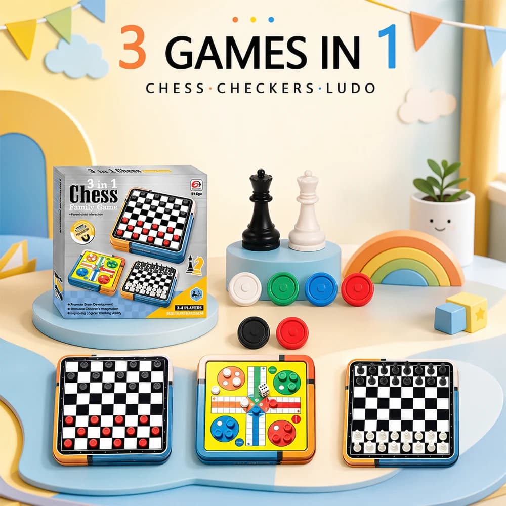 Portable 3-in-1 Magnetic Board Game Metal Case Chess Checkers Ludo Travel Family Interactive Educational Toy for Kids