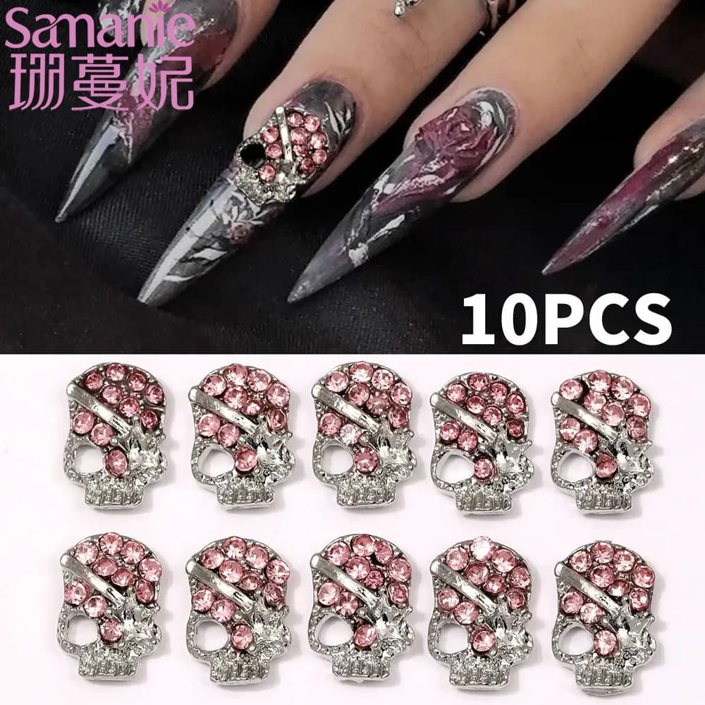 10pcs Bone Skeleton Halloween Nail Charms Scary Decoration Nail DIY 3D Red Diamond Hollow Heart Love Nail Part Accessories Y2K