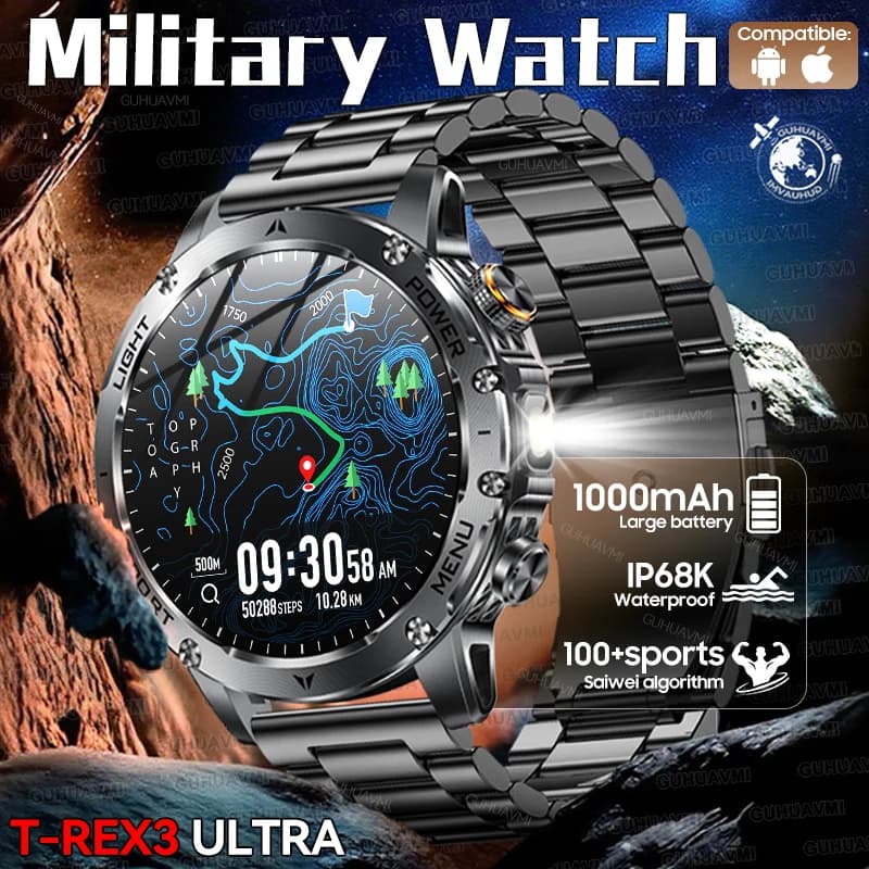 2025New Outdoor Militare 1000mAh HD AMOLED SmartWatch Uomo Sport Fitness Torcia a LED 5ATM Impermeabile Chiamata Wireless Smartwatch