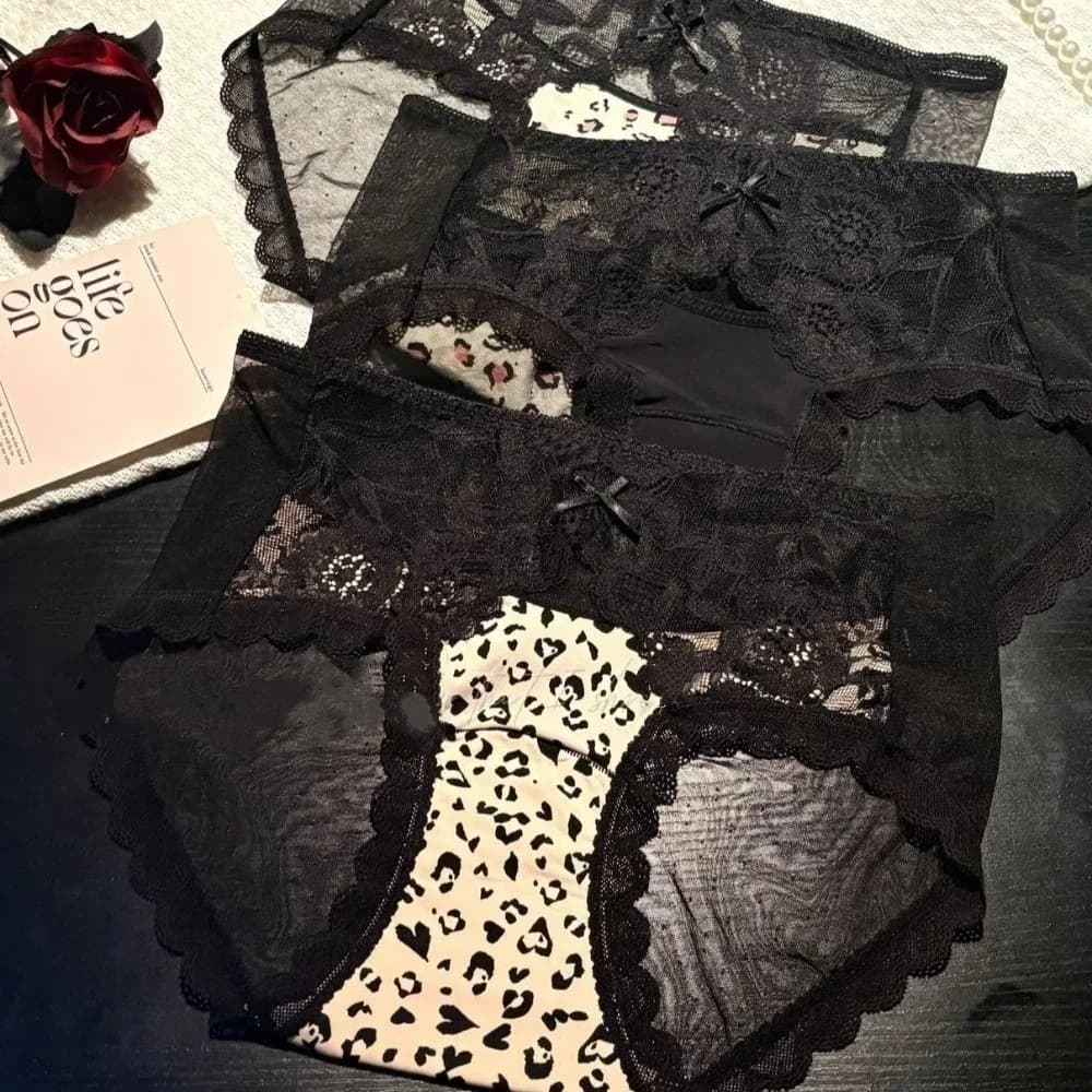 Comfortable Mid Waist Lace Briefs Mesh Transparent Women Underwear Cotton Crotch Hollow Leopard Print Panties Lady