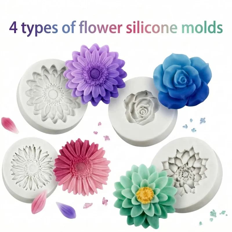 Set di stampi in silicone floreali a quattro pezzi, include stampo in resina epossidica a forma di margherita, stampi in argilla, stampo in gesso, stampo in silicone per cera aromaterapica.