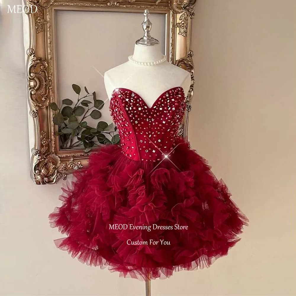MEOD Abito da ballo rosso lucido con scollo a cuore, senza maniche, alla moda, per compleanno, corto, personalizzabile