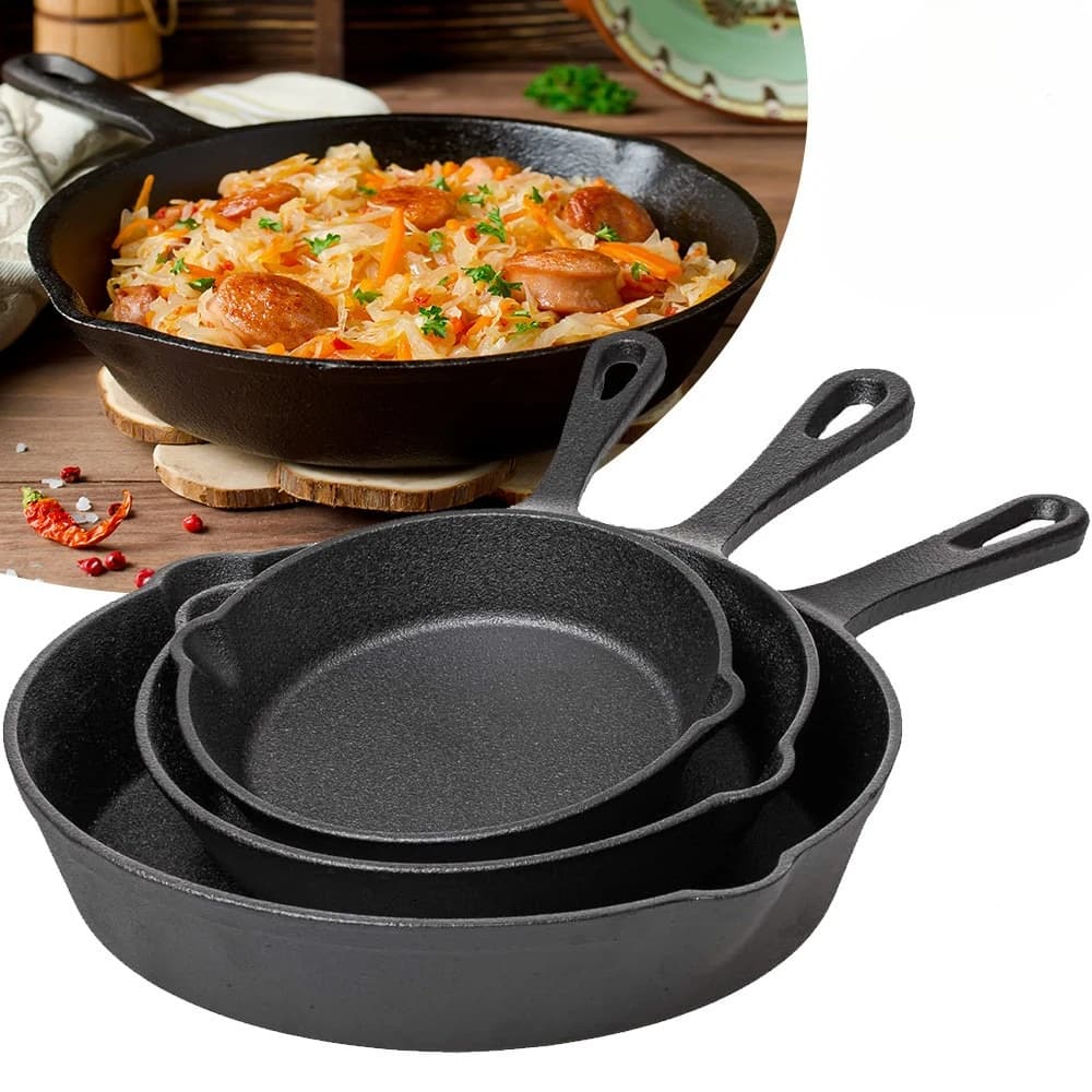 Set di 3 Padelle in Ghisa Antiaderenti Pretrattate per Cucinare e Friggere