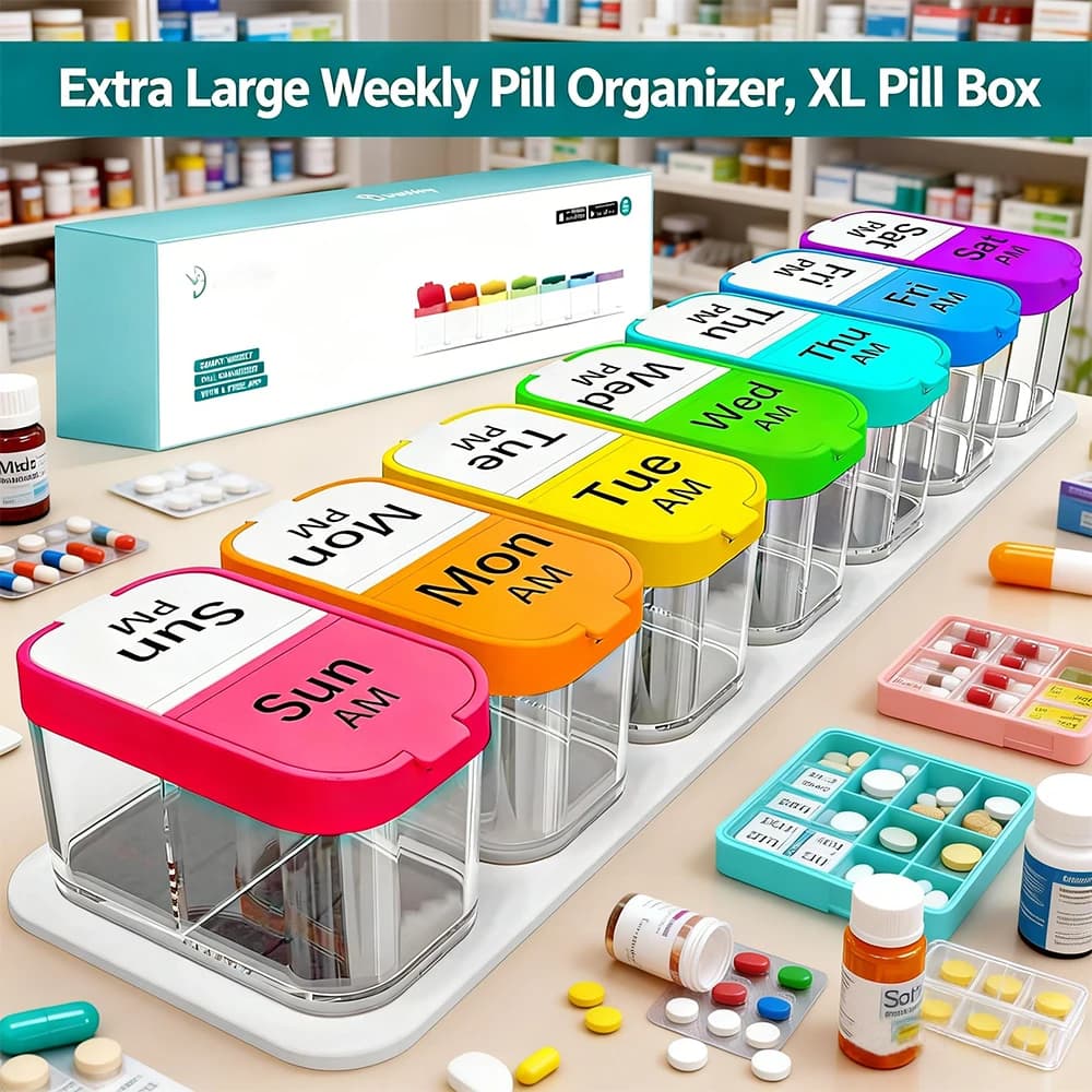 Weekly AM/PM Pill Organizer-Extra Large 7-Day Box, 14 Compartments for Daily Medicine & Vitamins for Color Family Supplements