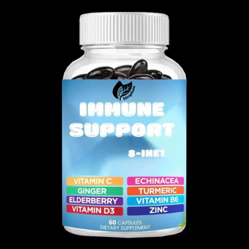 Immune support supplement 8 in 1, containing equinacea, vitamin D, curcumin and ginger, elder berries, 60 capsules