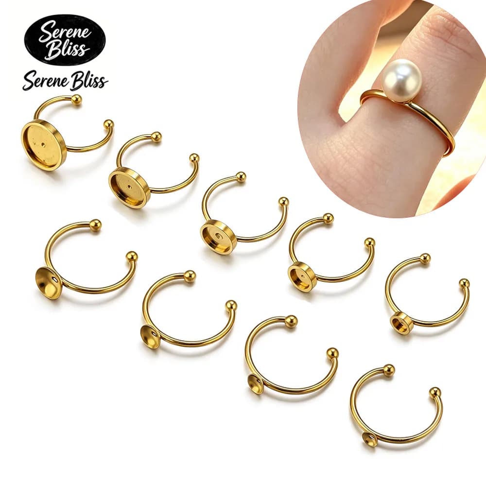 10pcs Stainless Steel Round Adjustable Open Ring Setting Blank Cabochon Base Bezel Tray for DIY Stone Jewelry Making Accessories