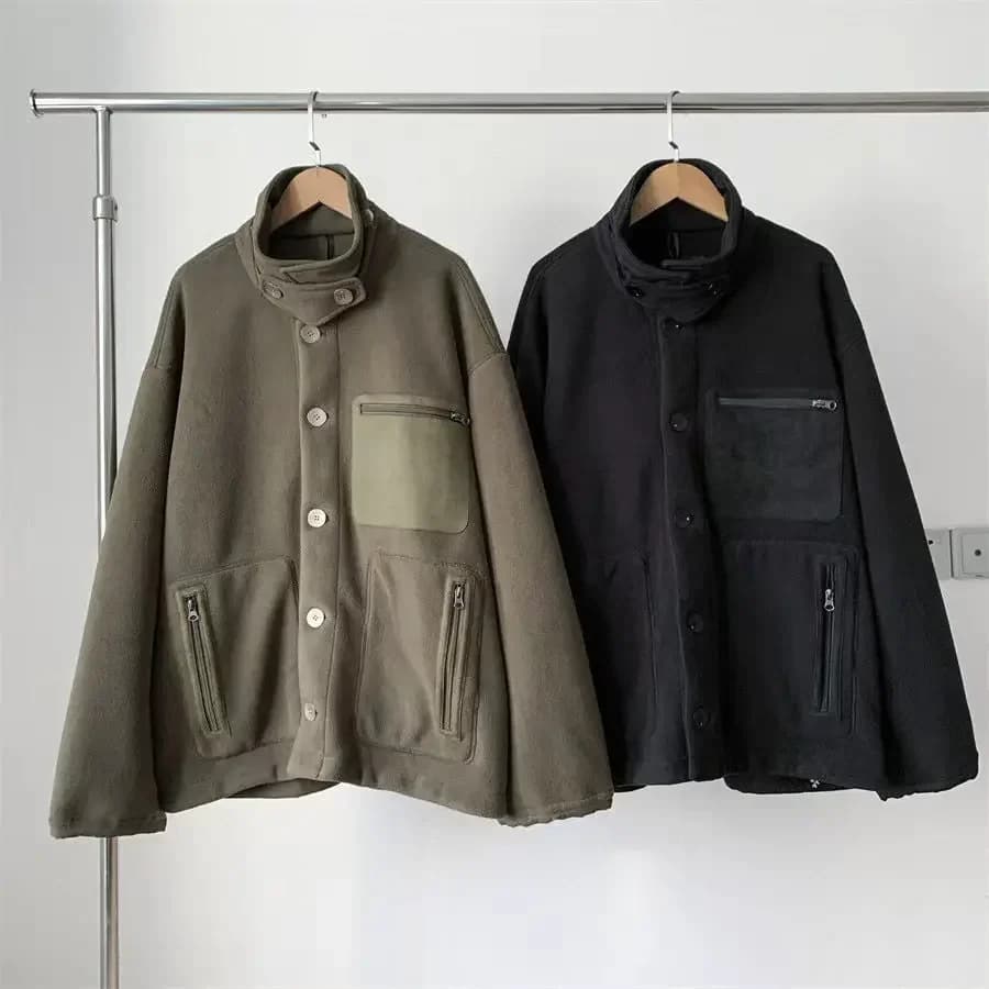 Japanese outdoor GDW retro functional warm thickened fleece loose stand-up collar snap jacket