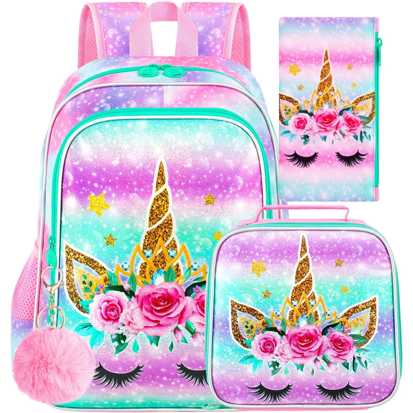 Zaino Unicorno da 3 pezzi per ragazze, zaino per bambini da 16 pollici con portapranzo, carino zaino per la scuola elementare per bambini dell'asilo e della scuola materna