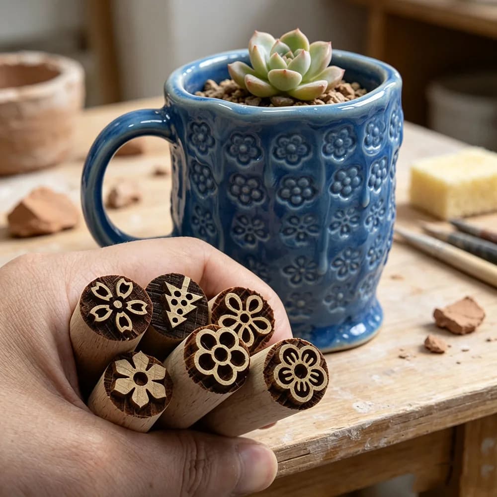 Mini Wooden Pottery Stamp Flower Leaf Pattern Embossing Seal Wood Block for Ceramic Texture Polymer Clay Cold Porcelain DIY