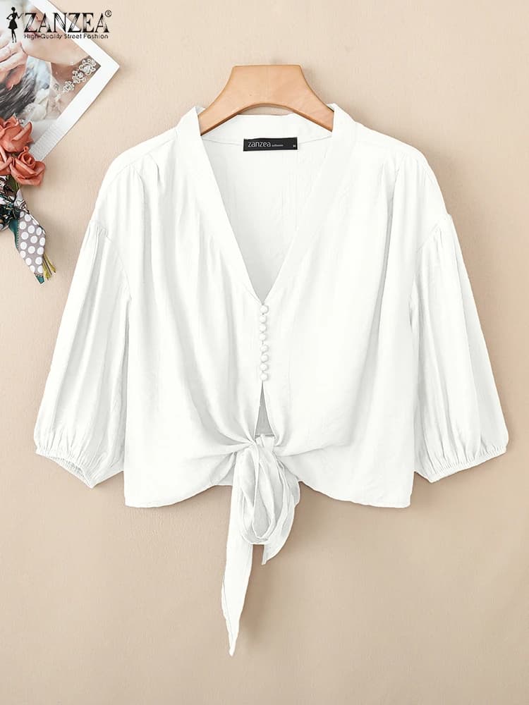 Camicetta da ufficio moda donna vintage scollo a V Blusas manica svasata 3/4 top ZANZEA 2025 tunica tinta unita pullover allentato casual