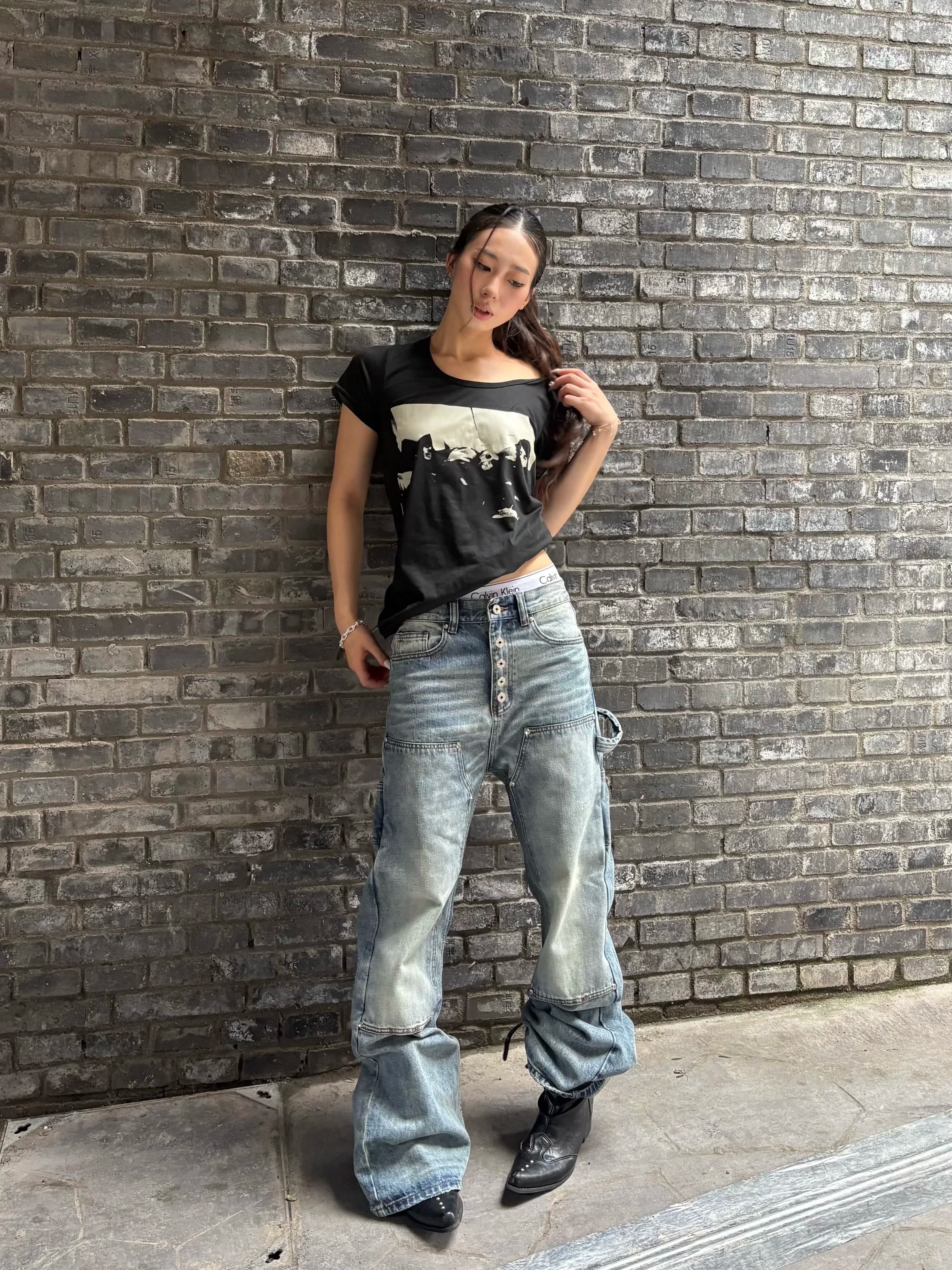 American Street Washed Blue Jeans Men Women Design Sense Casual Loose Wide Leg Pants High Waist Straight Leg Polyester Fiber