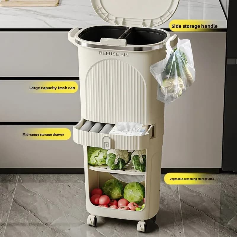 Multi-functional Kitchen trash can Double-layer large-capacity wet and dry separation rack trash can