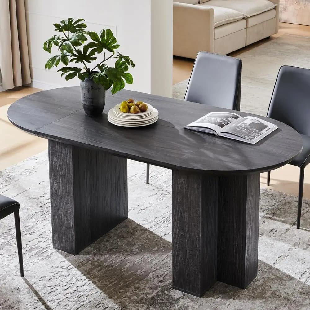 63 Oval Dining Table with T-Shaped Base & Metal Edges, Sturdy for 4-6 People, Thick Alder Wood Top
