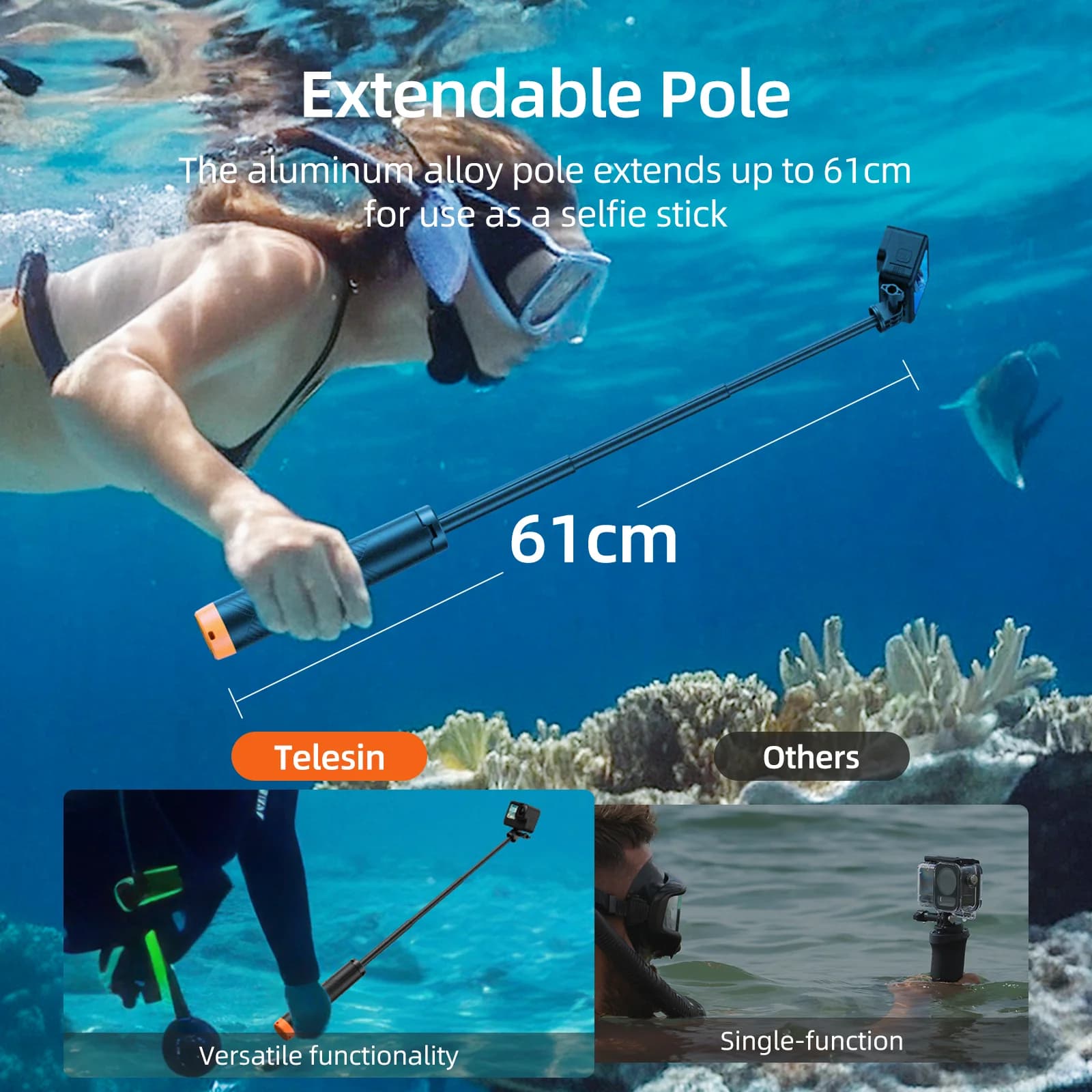 TELESIN Underwater Buoyancy Bar Diving Extendable Selfie Stick Tripod For Gopro Insta360 DJI OSMO Action Camera Accessories