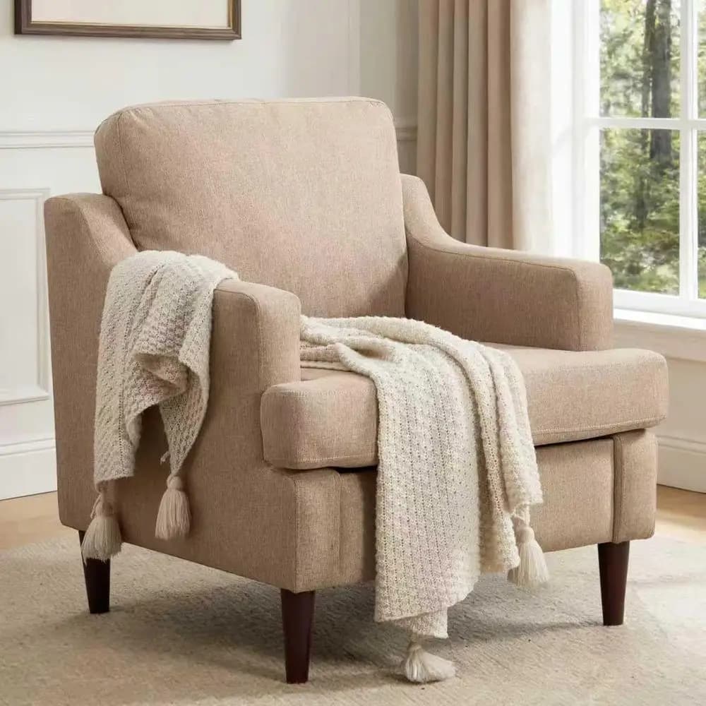 Poltrona in tessuto di lino per soggiorno o camera da letto, comoda poltrona imbottita per lettura, poltrona singola con gambe in legno (K