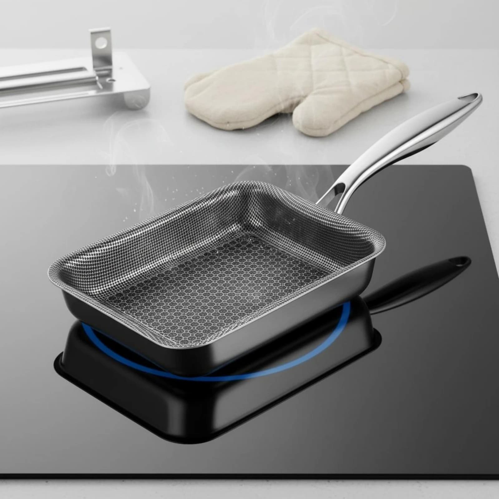 Padella Tamagoyaki Antiaderente Quadrata per Uova in Acciaio Inox 316 con Motivo a Nido d'Ape per Fornelli a Gas