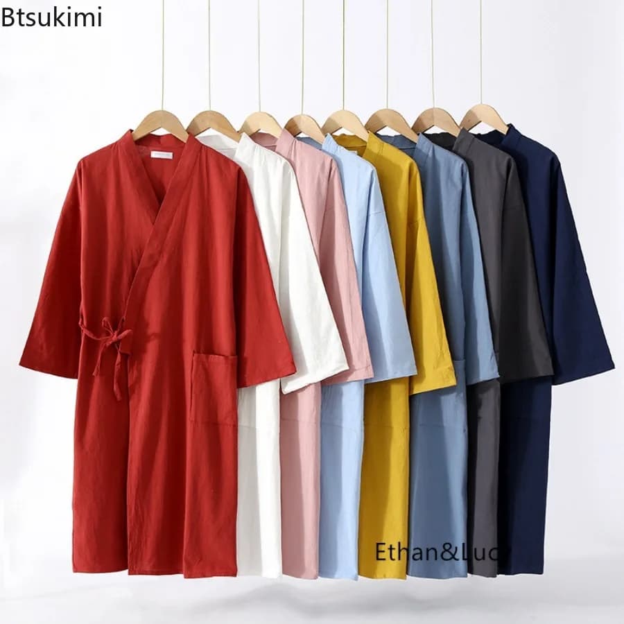 Long-sleeved dress in cotton washed ramie Japanese Kimono Women's and men's dress Night shirt Pair of wide dresses Women's nightwear