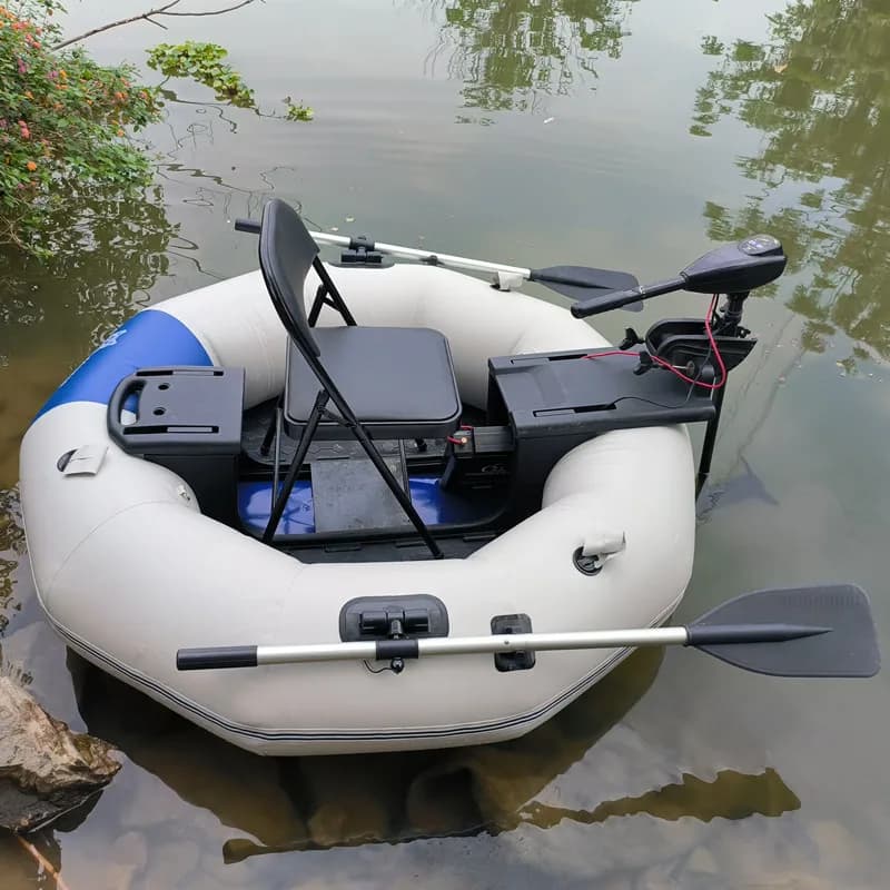 2 minute HDPE folding inflatable fishing boat, single raft with capacity of 250 kg with electric motor, stable pontoon for fishing with bait