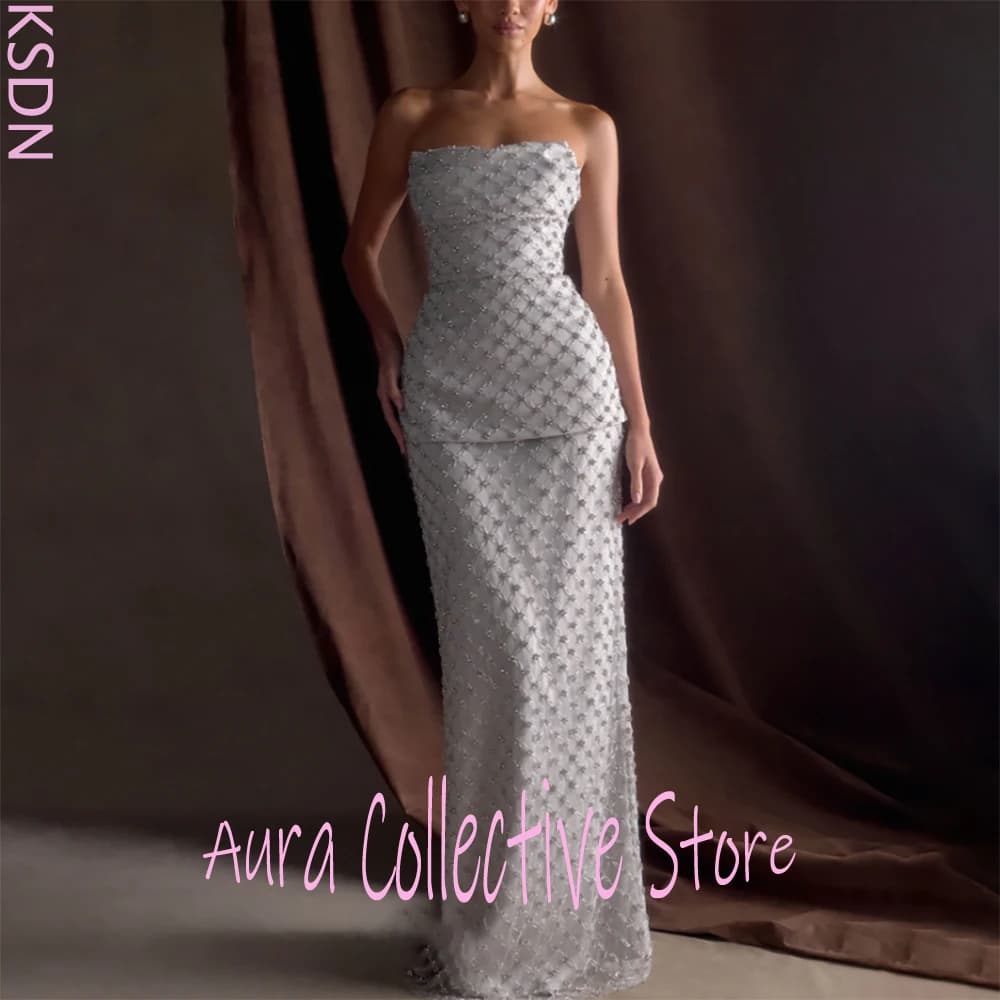Abiti da donna senza spalline con perline argento Abito formale con paillettes scintillanti Abito da sera glamour per feste di ballo di fine anno