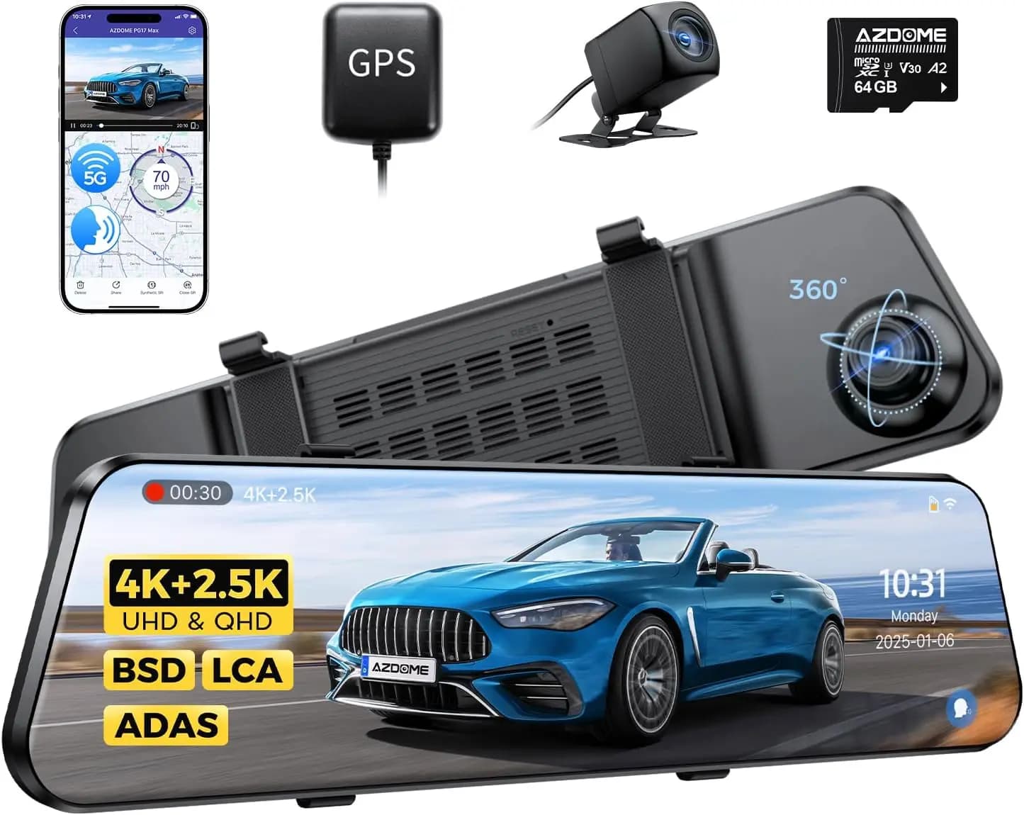 Dash Cam mirror PG17 Max 4K+2.5K with ADAS, BSD, LCA, 12' rear camera, 5 GHz WiFi, voice control, 64 GB card, GPS, Mo parking