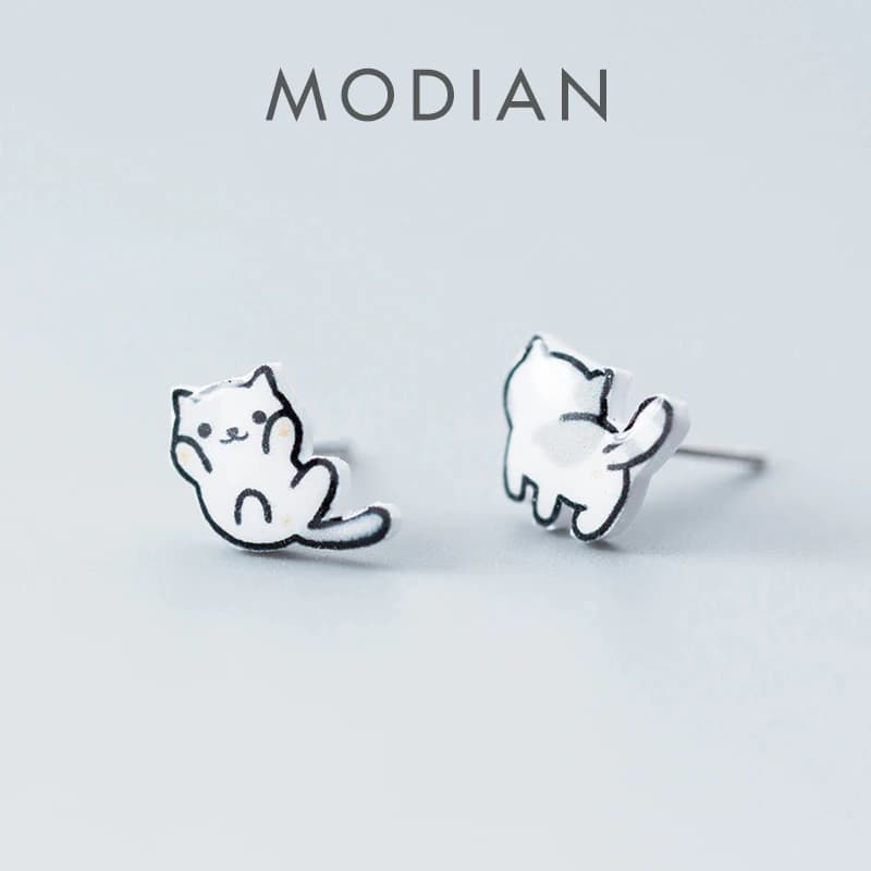 Modian Cute Lucky Cat Small Stud Earrings for Girl Kid 925 Sterling Silver Lovely Jewelry Gifts Fashion Accessories Brincos