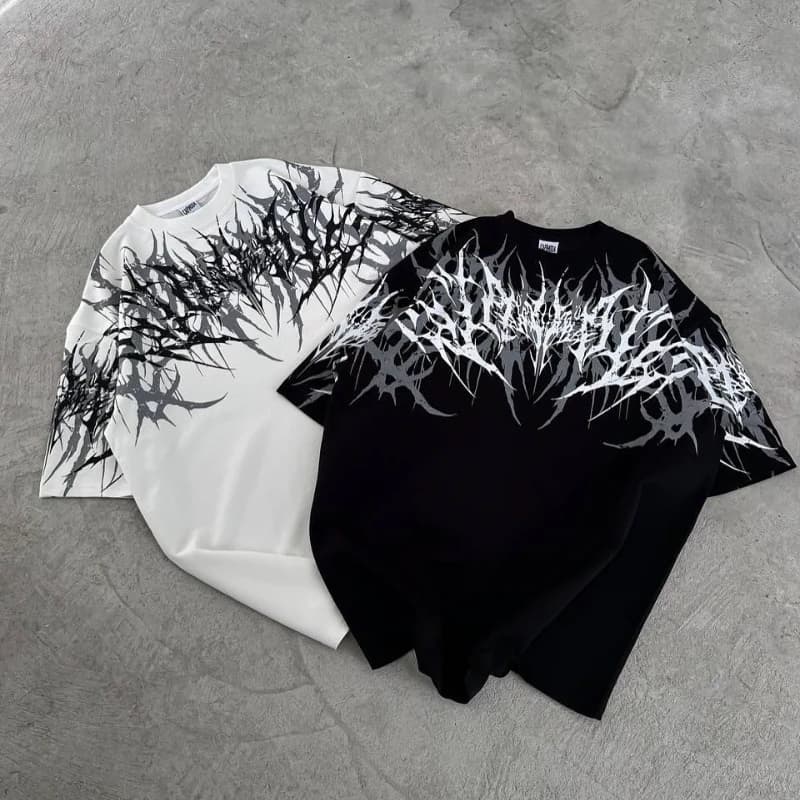 T-Shirt Estiva Casual per Adulti, Stile Gotico Cyberpunk Y2K, Stampa Stencil, Ricamo 3D, Asciugatura Rapida e Traspirante, Manica Corta