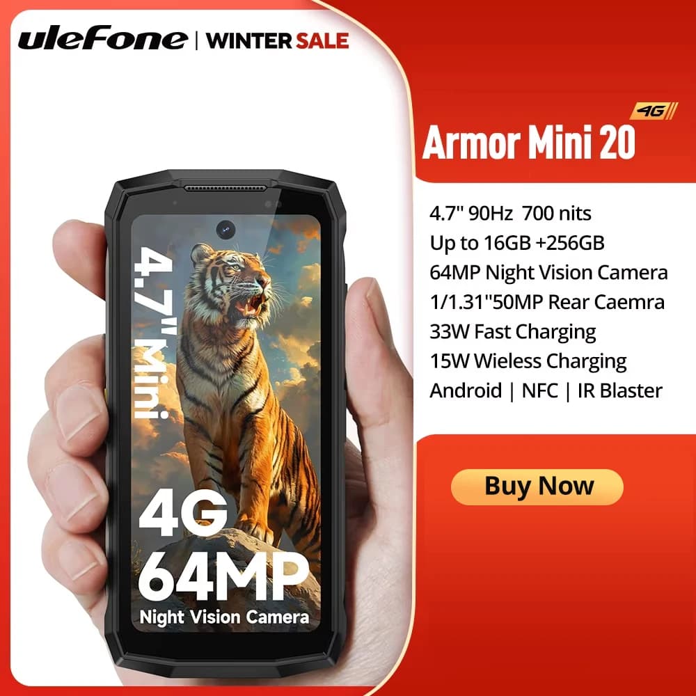 Ulefone Armor mini 20 4G 4.7" Display Telefono robusto 64MP Fotocamera notturna Luce LED versatile Smartphone Android 14 6200mAh 16GBRAM（8+8）256GB ROM 33W
