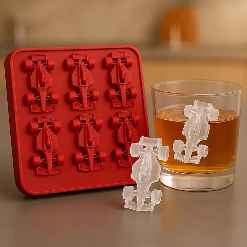 Vassoio per stampo in silicone per stampo per ghiaccio per auto da corsa Formula 3D per congelatore con contenitore per ghiaccio, strumento di cottura fai da te a 6 cavità per feste, bar