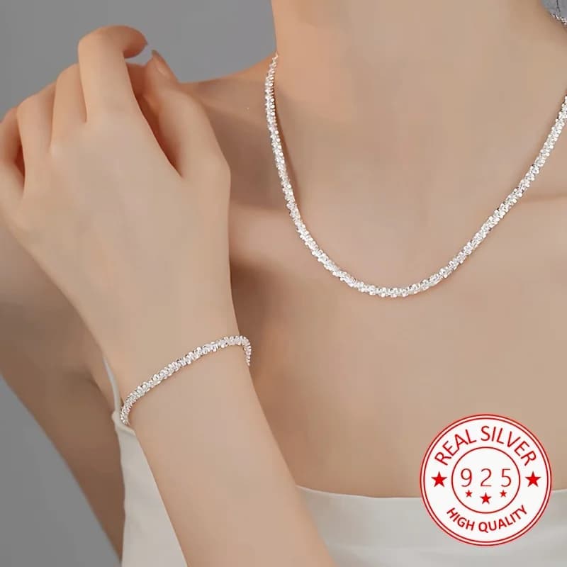 2pcs Elegant 925 Sterling Silver Chain Bracelet necklace Jewelry Set, for women lady men Wedding,Valentine'S Gift
