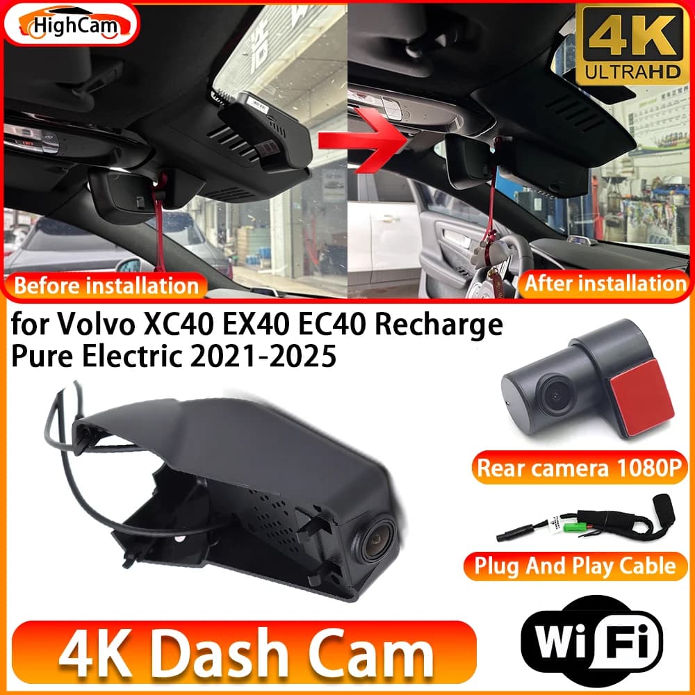 HighCam for Volvo XC40 EX40 EC40 Recharge Pure Electric 2021-2025 OEM 4K DVR Dash Cam Front Rear Camera WiFi Video Recorder