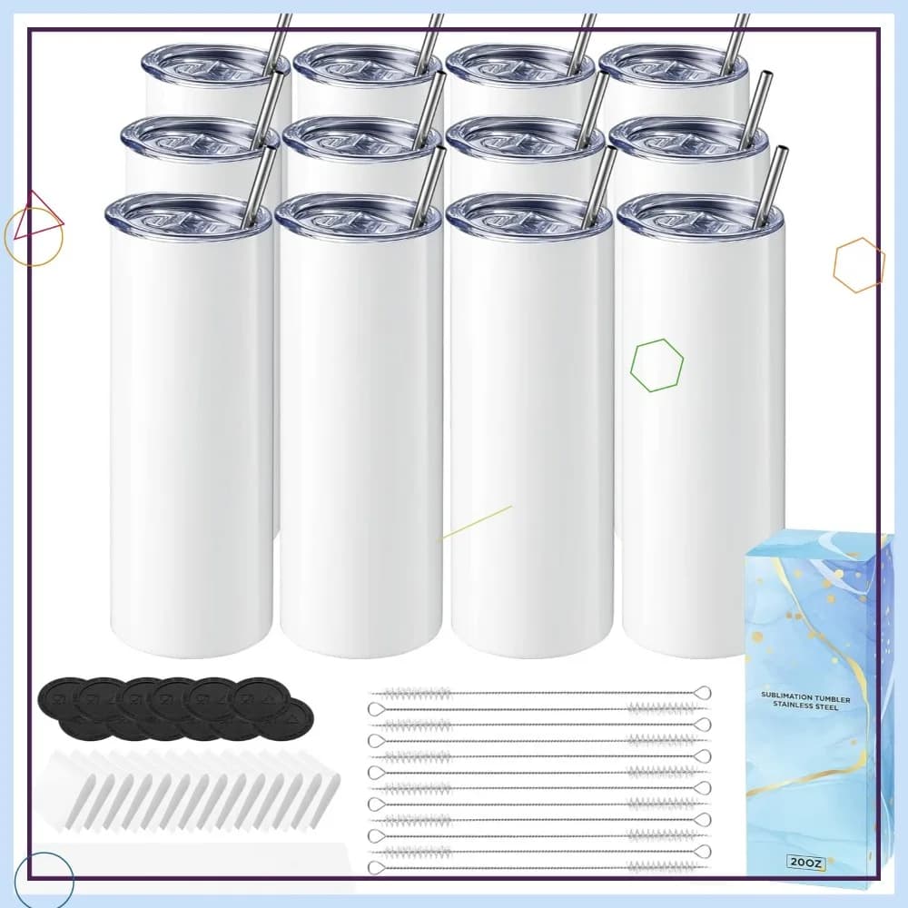 Set di 12 Tazze per Sublimazione da 20oz con Carta, Coperchi, Cannucce, Pellicole Termoretraibili, in Acciaio Inox a Doppia Parete Isolata per Pressa per Tazze