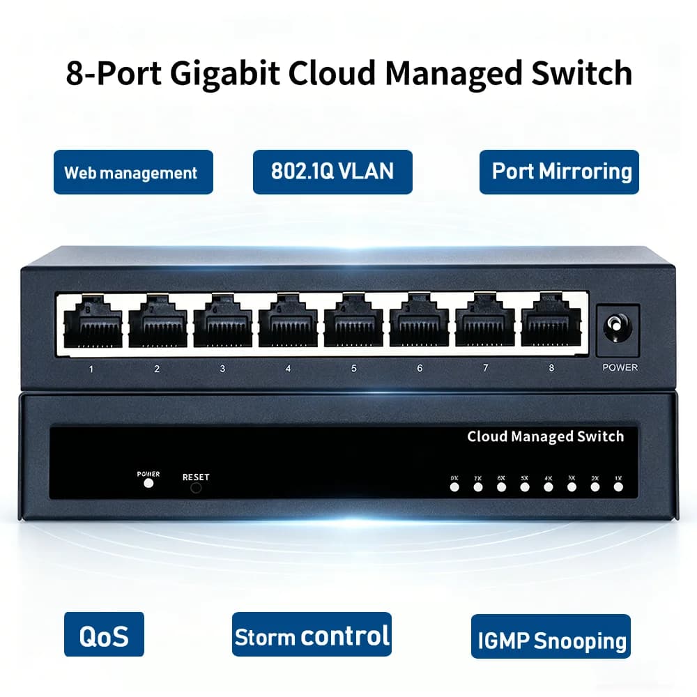 8/5 Port Gigabit Web Managed Switch Metal Fanless Home Lab Network Switch Link Aggregation/VLAN/QOS/IGMP/AI Port Monitoring