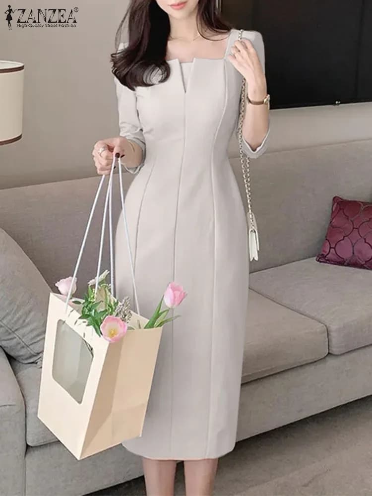 ZANZEA Donne Eleganti Sottile Abito Al Ginocchio Moda Collo Quadrato Manica 3/4 Cuciture Abiti Da Festa Casual Pendolarismo Solido Abito Corto