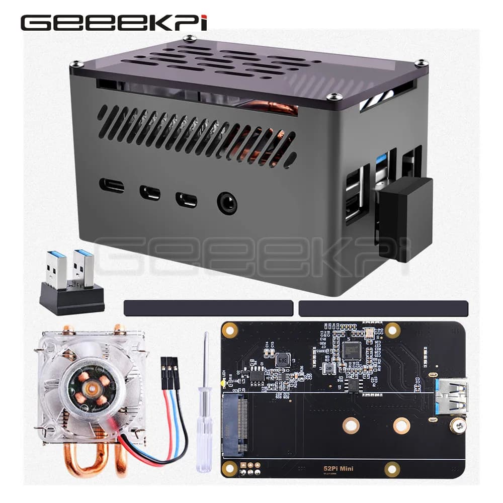 GeeekPi Custodia in mattoni in alluminio Guscio nero con M.2 SATA SSD Mini ventola di raffreddamento a torre a basso profilo per Raspberry Pi 4 Modello B