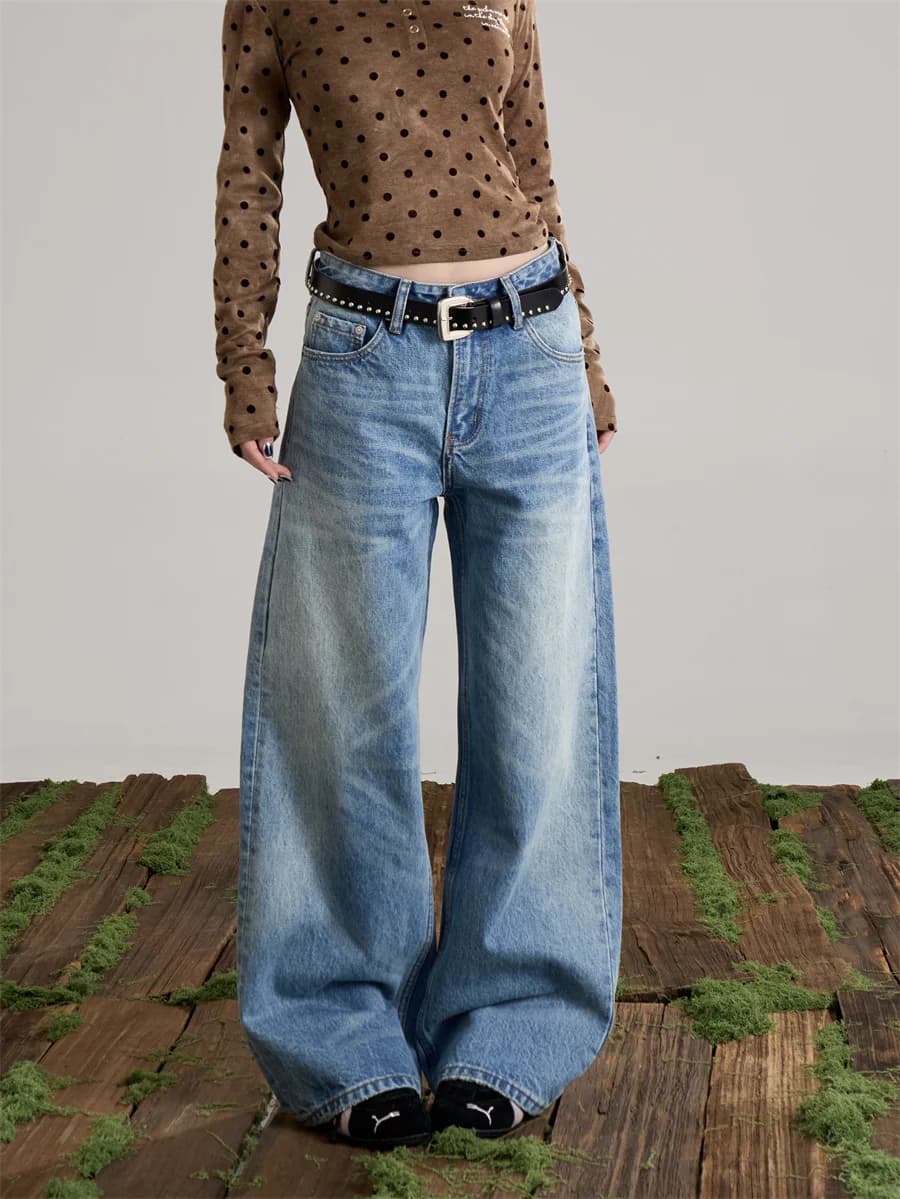 Jeans Vintage Lavati da Donna, Pantaloni Larghi a Vita Alta, Stile Classico, Moda Primaverile, Pantaloni in Denim da Donna