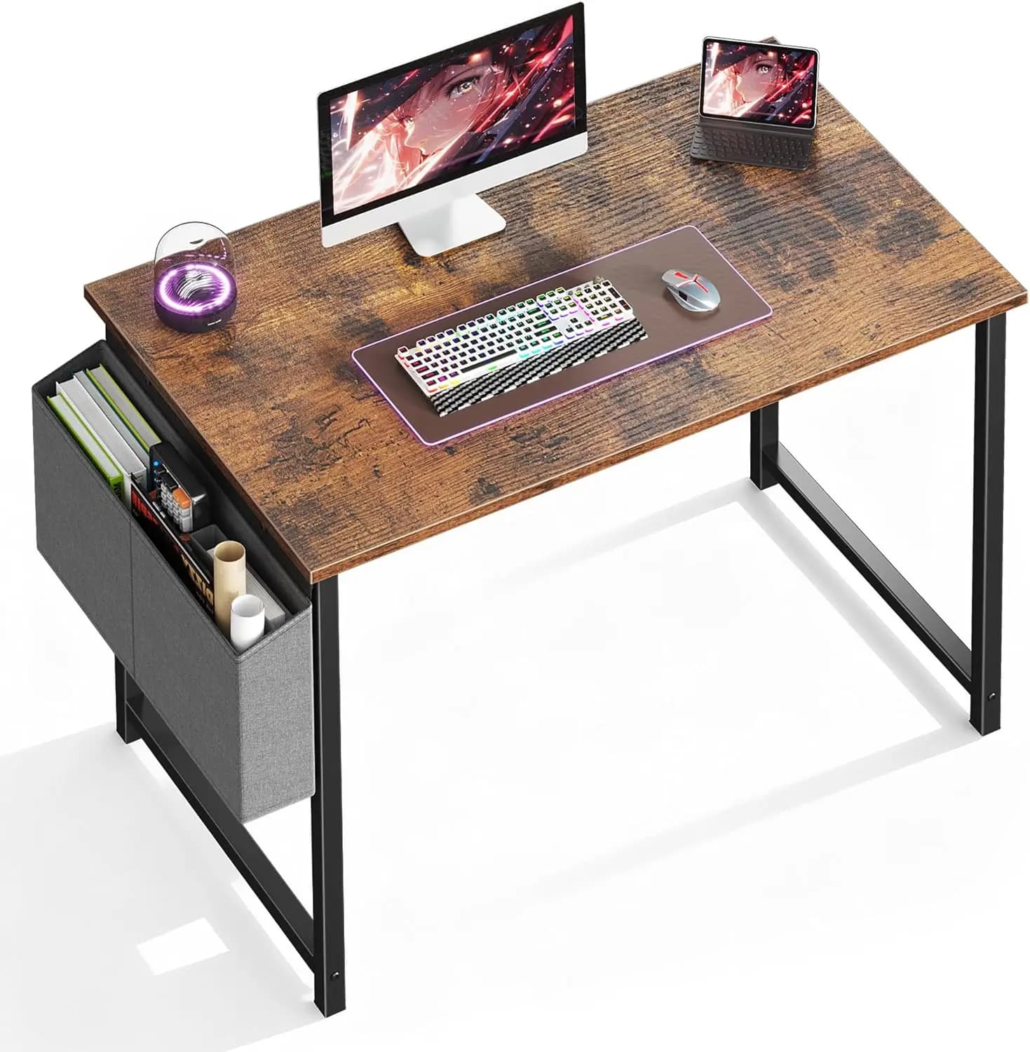 Scrivania compatta per computer da 40 pollici con borsa portaoggetti, tavolo da studio per ufficio domestico e gaming in marrone rustico per piccoli spazi