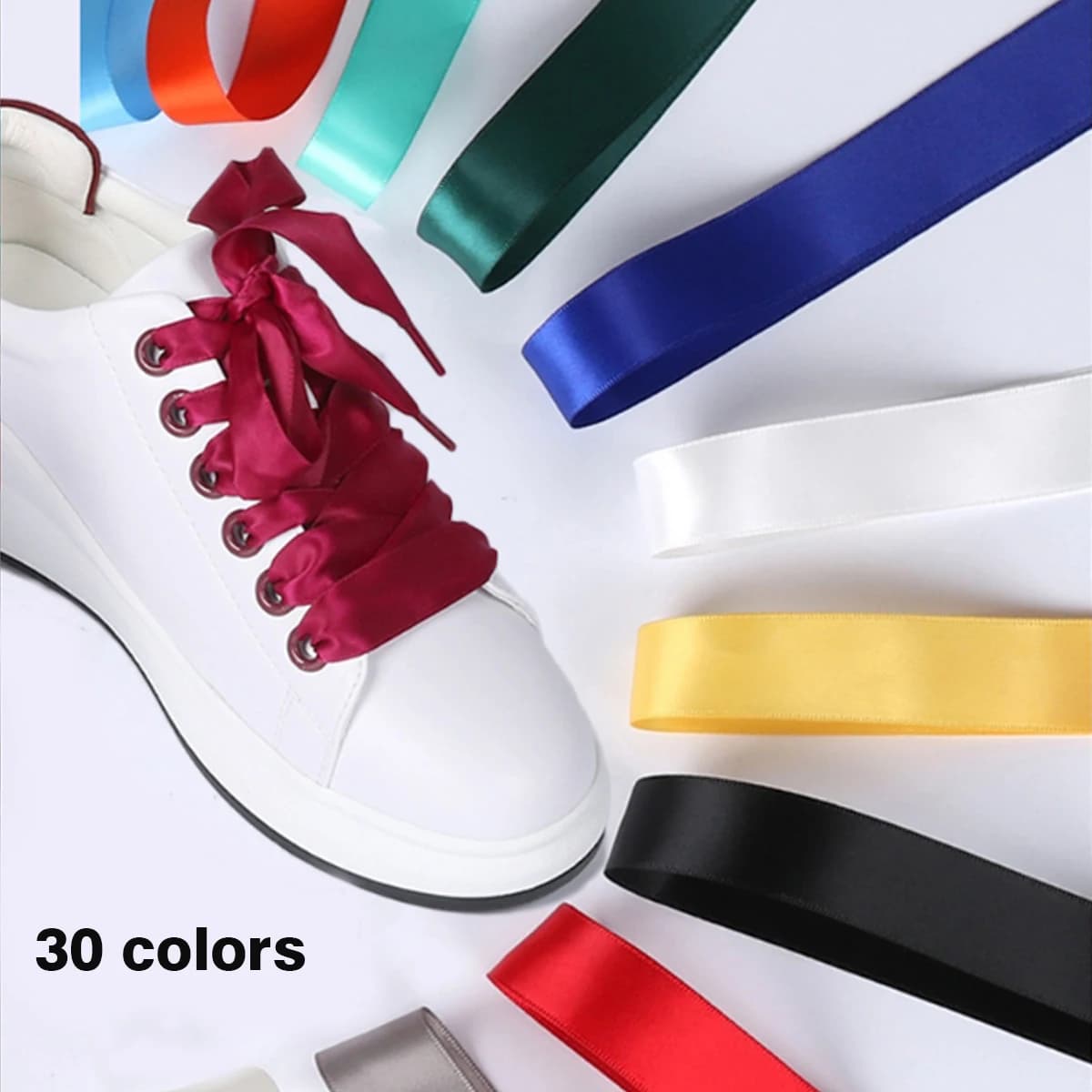 27 colori LACCI piatti in raso largo 2 cm, poliestere fronte-retro, colore caramello satinato, pizzo piatto satinato 1 paio