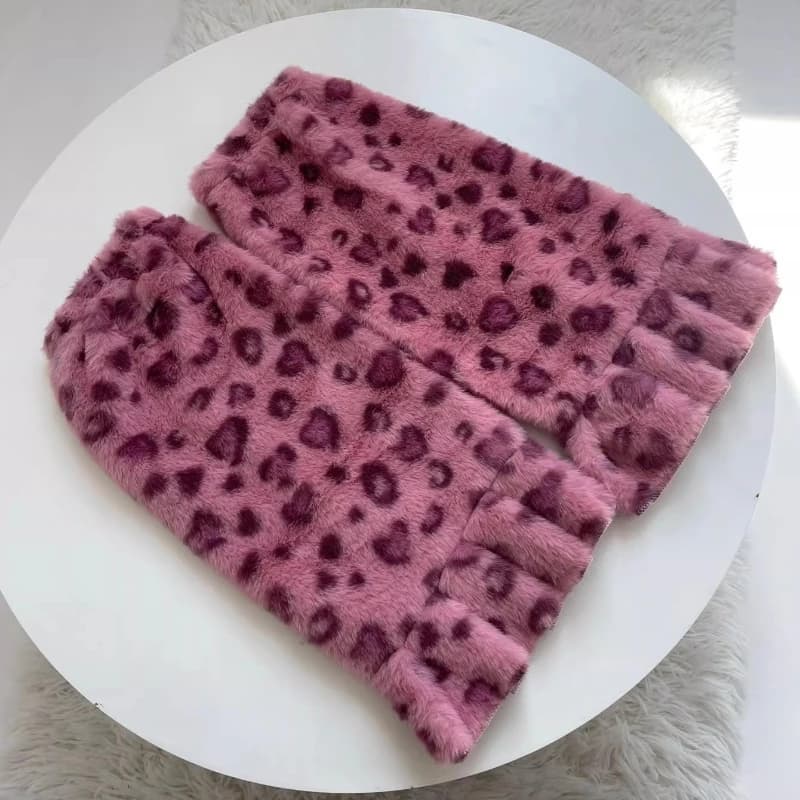 Y2K Fuzzy Leopard Print Leg Warmers Soft Plush Knit Leg Socks Retro Warm Boot Cuffs for Women Girls Autumn Winter Casual Wear