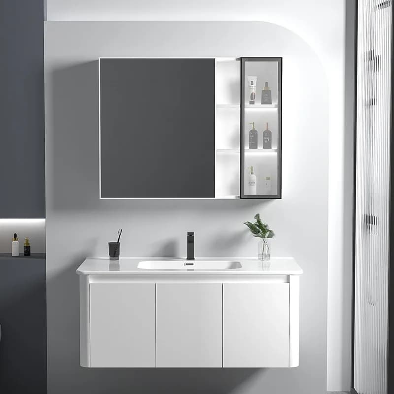 Mobile bagno in alluminio spessore rinforzato con lavabo integrato in ceramica effetto roccia e specchiera smart
