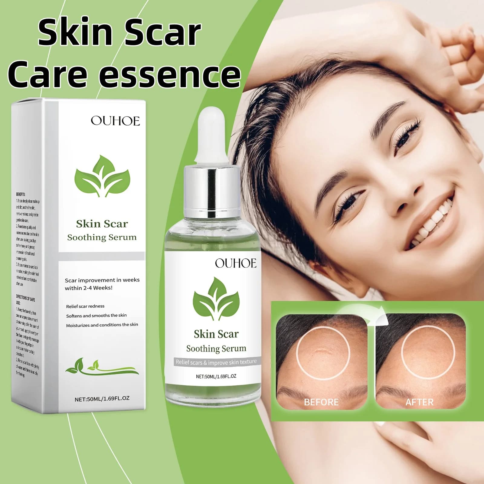 OUHOE Essence for the care of scars of the skin It breaks scars, smoothes the skin, moisturizes and repairs the signs of acne Essence for the care of the body and face